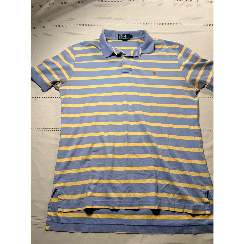 Polo Ralph Lauren Mens Large Blue Yellow Striped Short Sleeve Polo Shirt